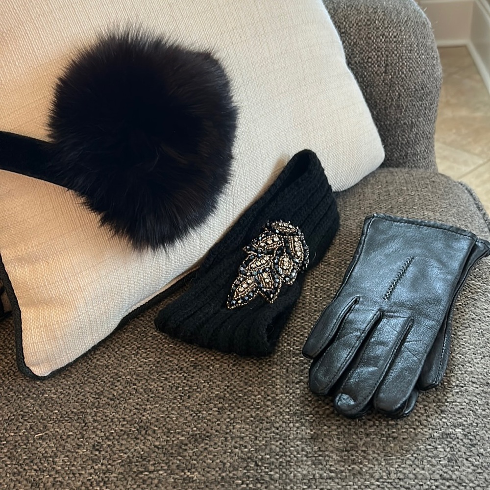 Genuine leather gloves fully lined; plus faux fur ear muffs and beaded headband!